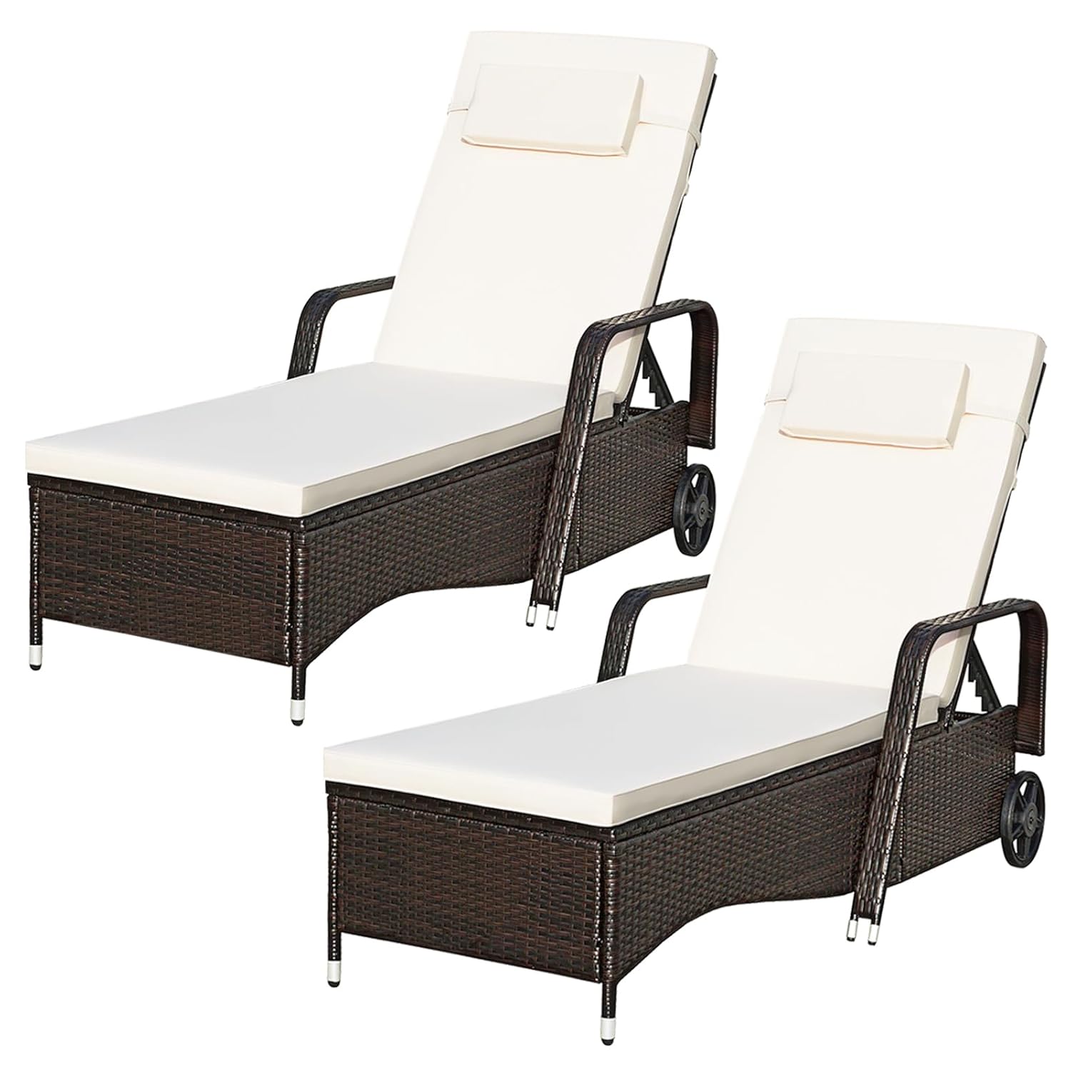 Outdoor Furniture No Cushions - 2PCS PE Rattan Lounge Chairs w/Wheels