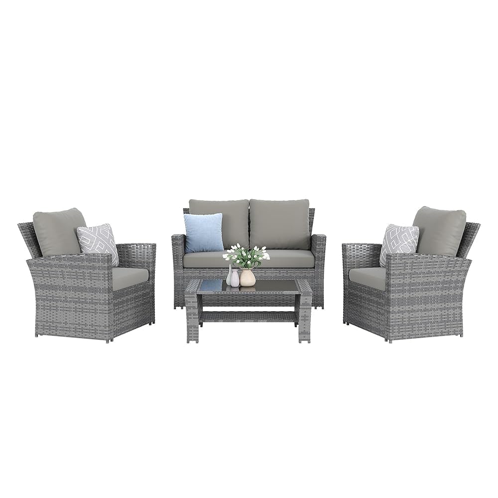 Outdoor Furniture No Cushions - 4-Piece Grey Waterproof PE Wicker Outdoor