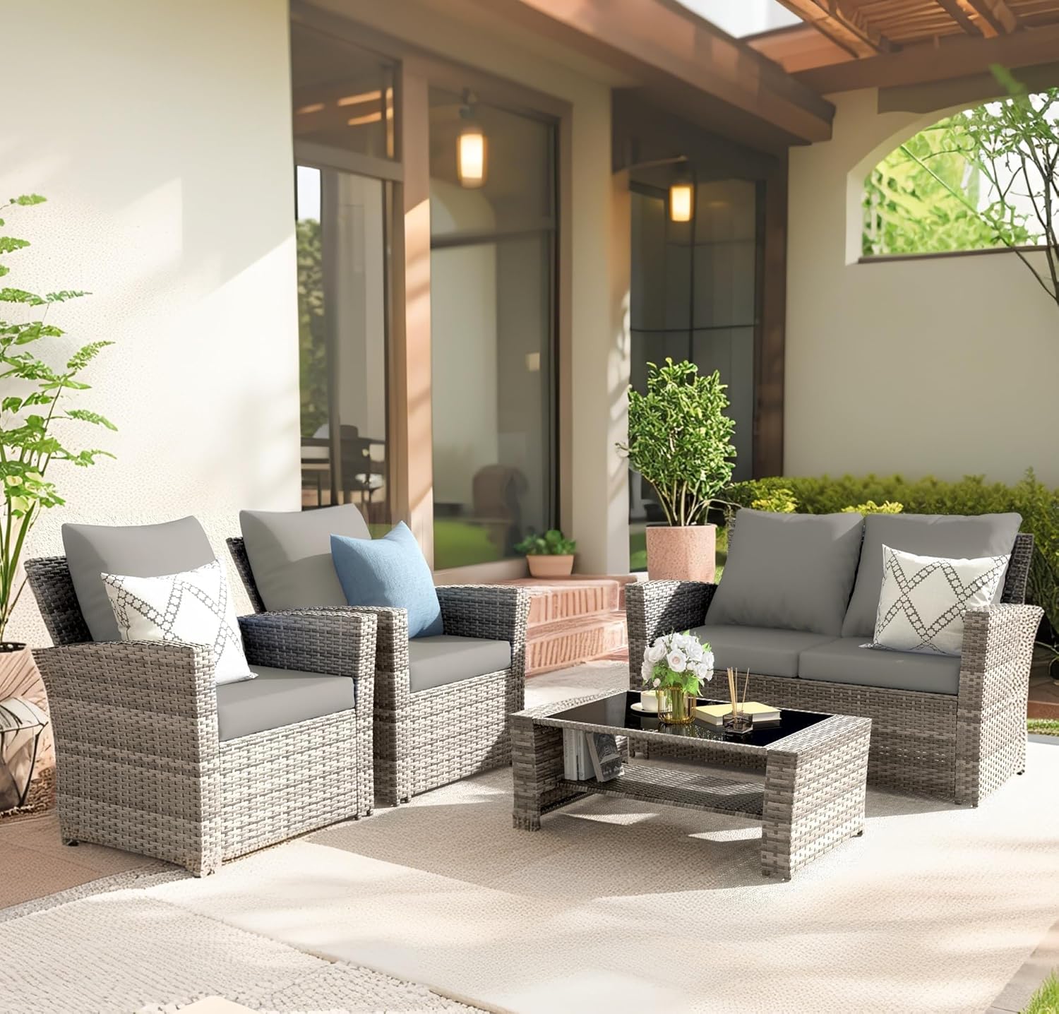 4-Piece Grey Waterproof PE Wic - Outdoor Furniture No Cushions 评论和价格
