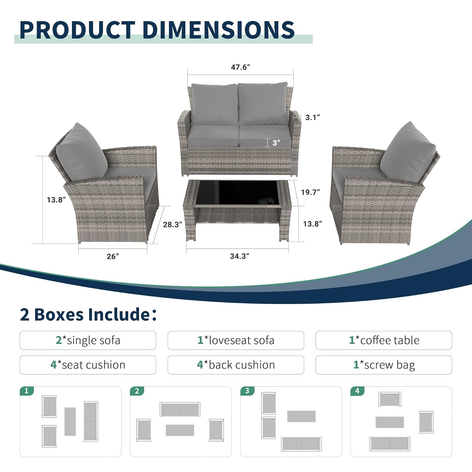 4-Piece Grey Waterproof PE Wic - Outdoor Furniture No Cushions 评论和价格