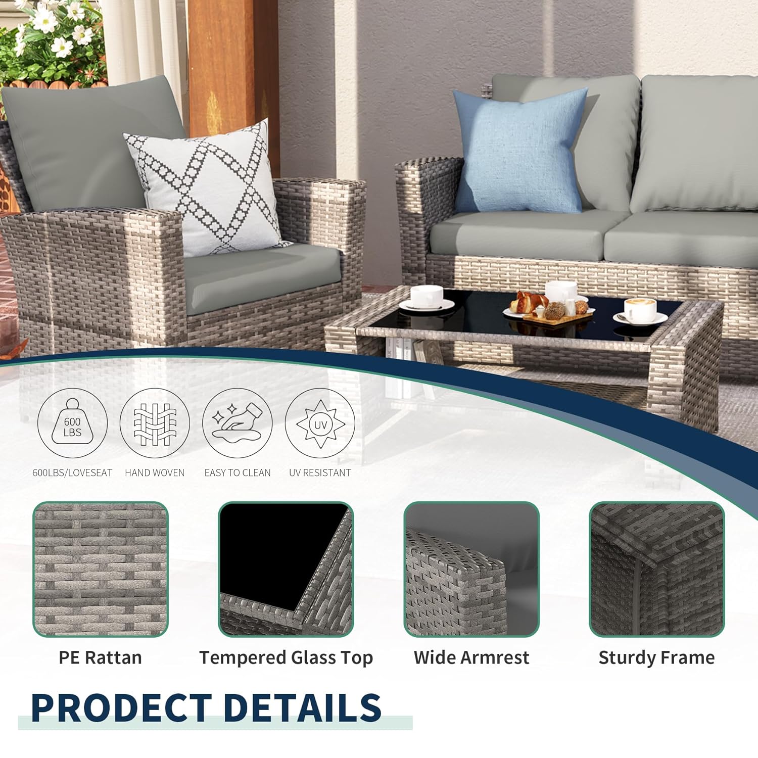 4-Piece Grey Waterproof PE Wic - Outdoor Furniture No Cushions 评论和价格